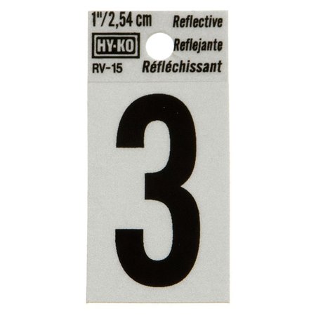 HY-KO 1.25In Reflective Number 3, 10PK B00366